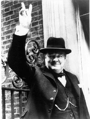 Winston Churchill giving his famous two-finger salute for victory